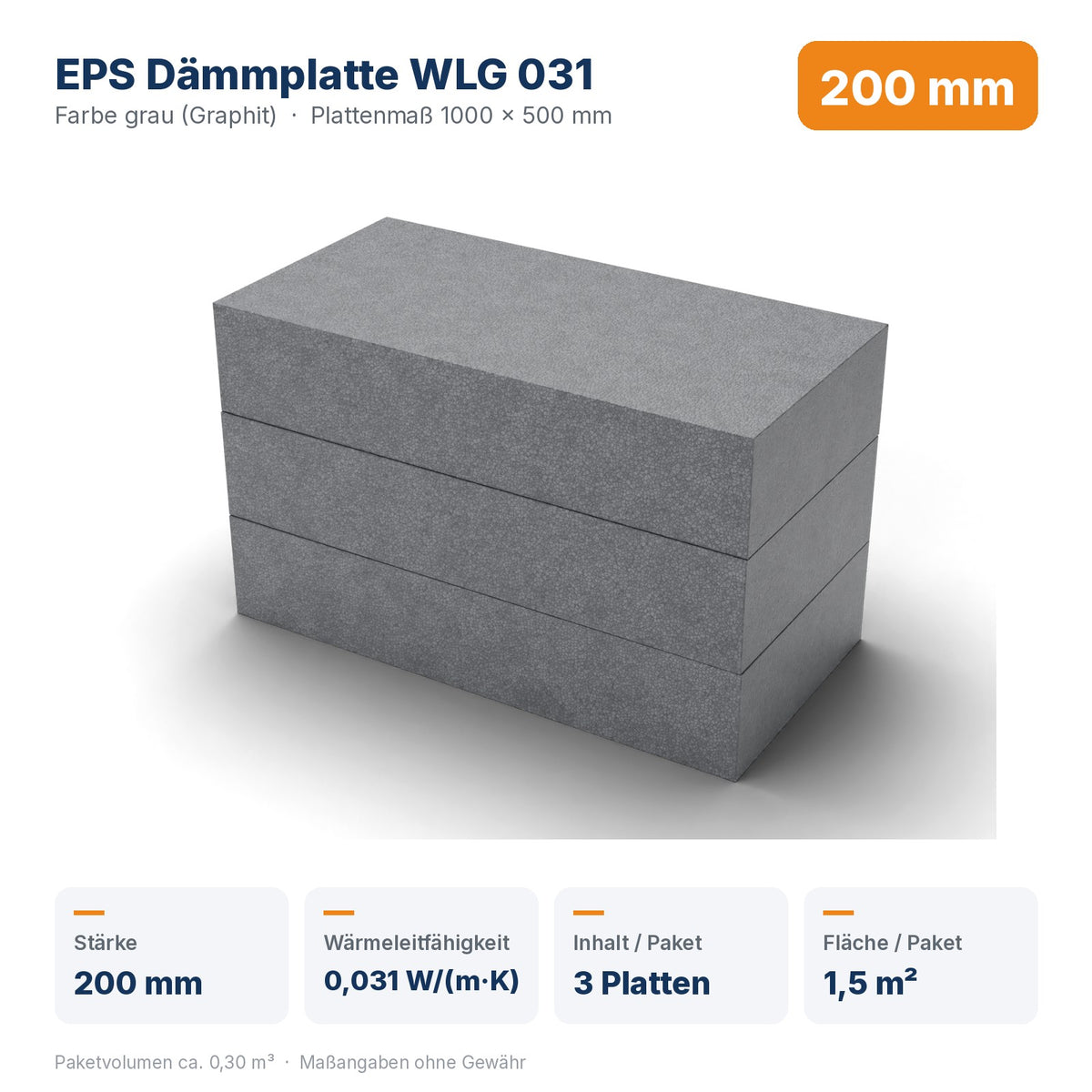 Produktdaten EPS Dämmplatte WLG 031 200 mm: Wärmeleitfähigkeit 0,031 W/(m·K), 3 Platten / 1,5 m² pro Paket