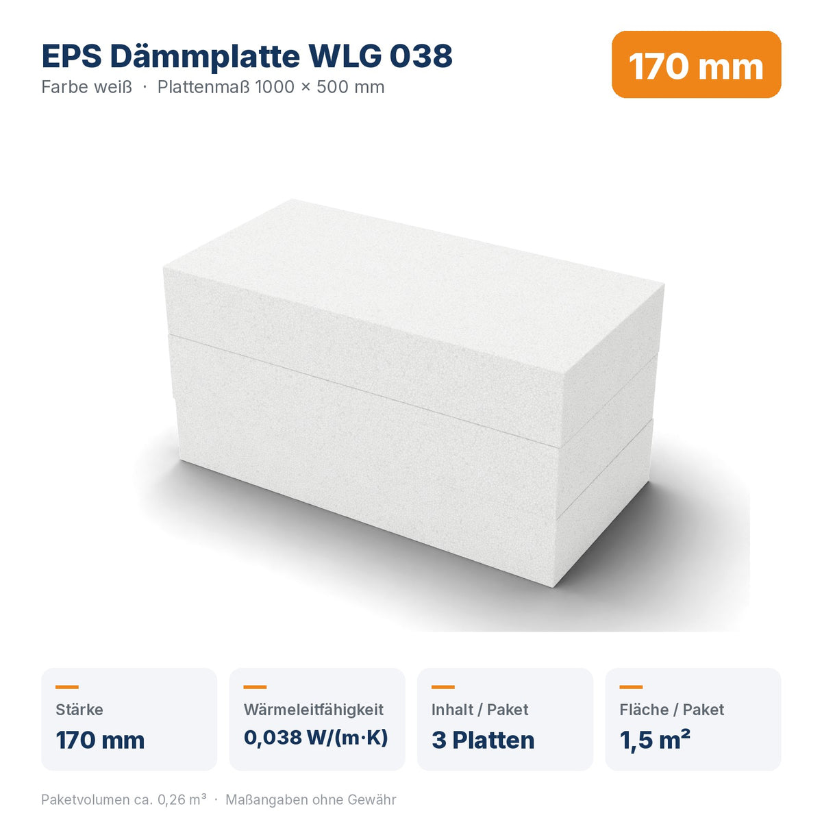 Produktdaten EPS Dämmplatte WLG 038 170 mm: Wärmeleitfähigkeit 0,038 W/(m·K), 3 Platten / 1,5 m² pro Paket