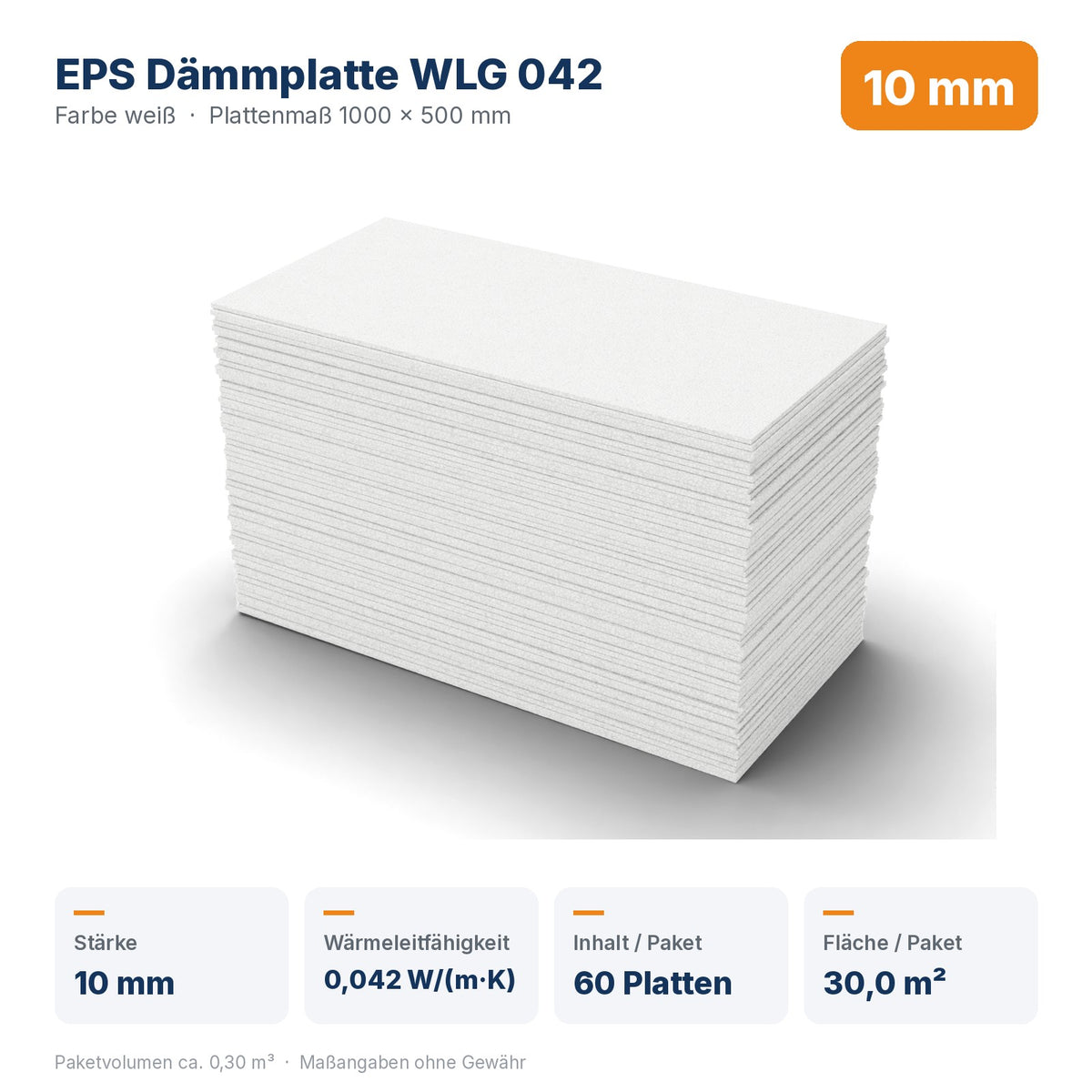 Produktdaten EPS Dämmplatte WLG 042 10 mm: Wärmeleitfähigkeit 0,042 W/(m·K), 60 Platten / 30,0 m² pro Paket