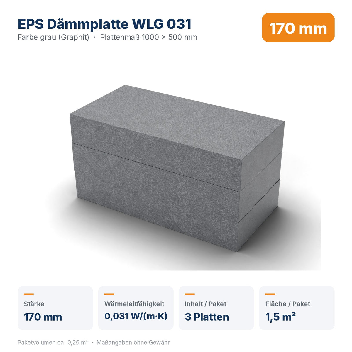 Produktdaten EPS Dämmplatte WLG 031 170 mm: Wärmeleitfähigkeit 0,031 W/(m·K), 3 Platten / 1,5 m² pro Paket