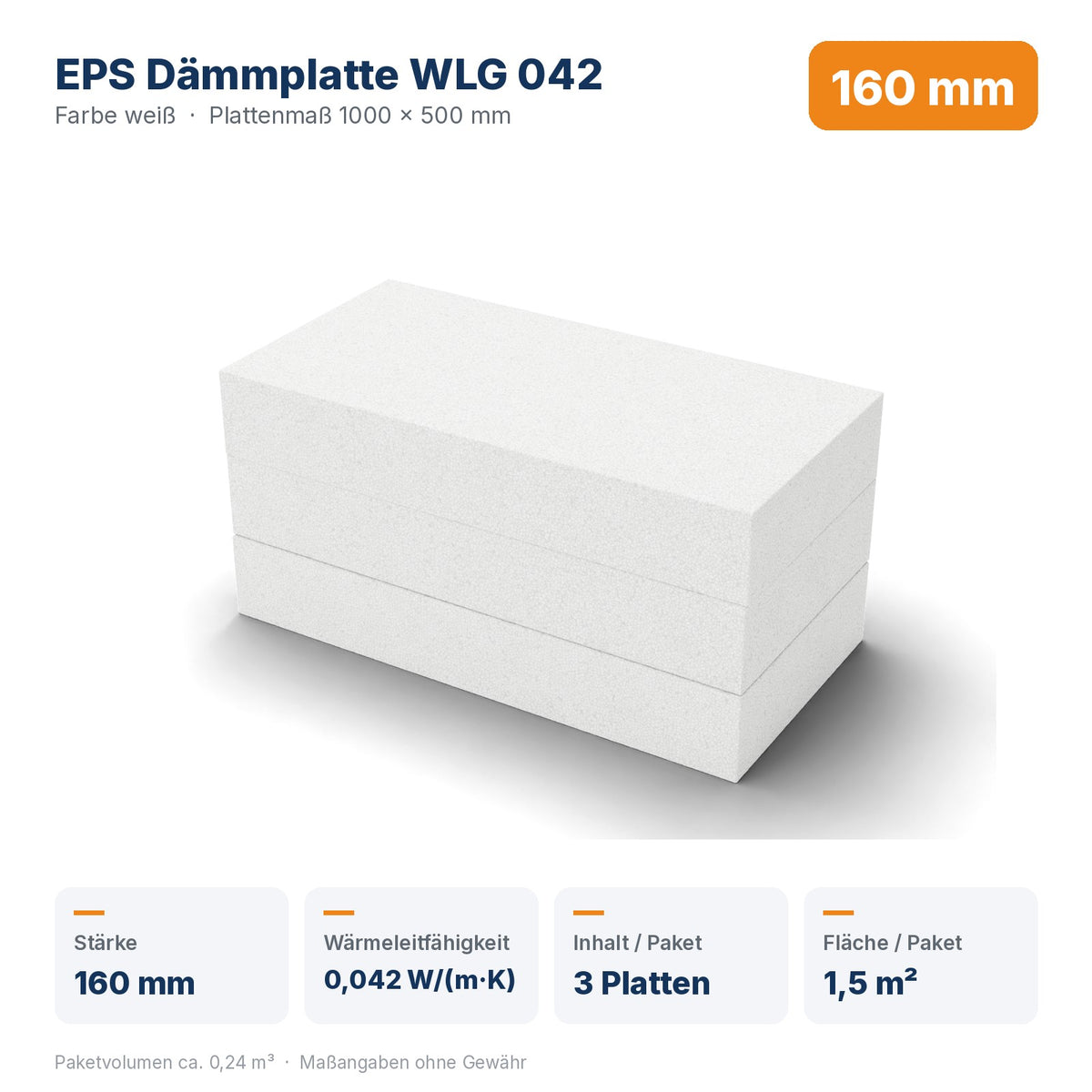 Produktdaten EPS Dämmplatte WLG 042 160 mm: Wärmeleitfähigkeit 0,042 W/(m·K), 3 Platten / 1,5 m² pro Paket
